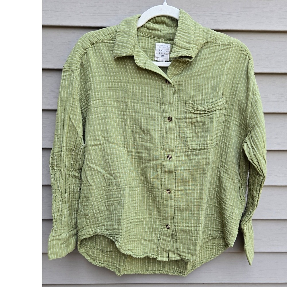 Billabong Green Striped Gauze Button Down Shirt Long Sleeve Pocket Sage Medium